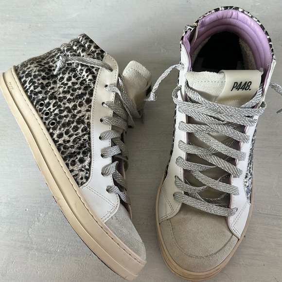 P448 Women’s Skate Glitter Lace-Up High Top Sneakers Size 38 Leather Shoe Italy - Picture 4 of 16